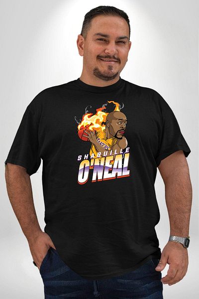 Angemiel تي شيرت كرة السلة Shaquille Oneal Star باللون الأسود - مقاس كبير، للرجال والنساء للجنسين، طباعة أمامية أساسية