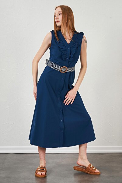 TENA Women's Indigo Collar Ruffled Buttoned Front Sleeveless Poplin Fabric Long Dress