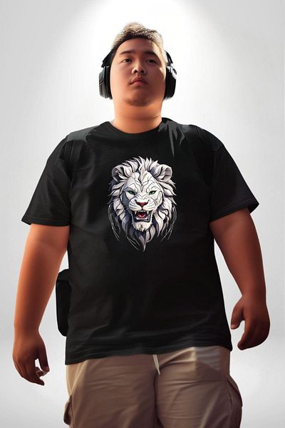 Angemiel تي شيرت Tiger Roar للجنسين مقاس كبير - أسود، أبيض، مطبوع من الأمام