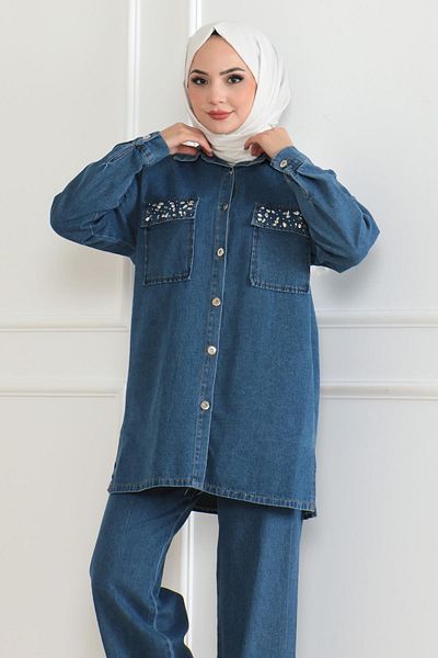 Modamihram Buttoned Jeans Suit with Stone Detail Open Jeans 19285