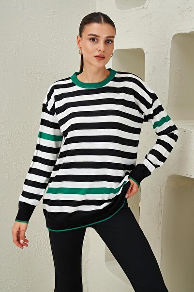 TENA Women's Emerald-Black-Ecru Crew Neck Three Color Striped Knitwear Sweater