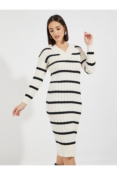 Styli Striped Knitted Sweater Midi Dress