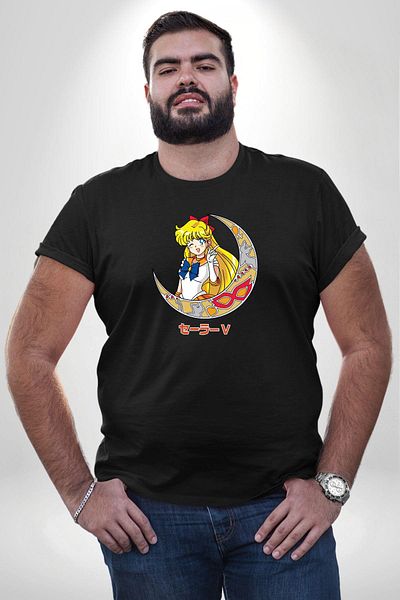 Angemiel تي شيرت أسود كبير الحجم للجنسين بنمط الرسوم المتحركة Sailor Moon