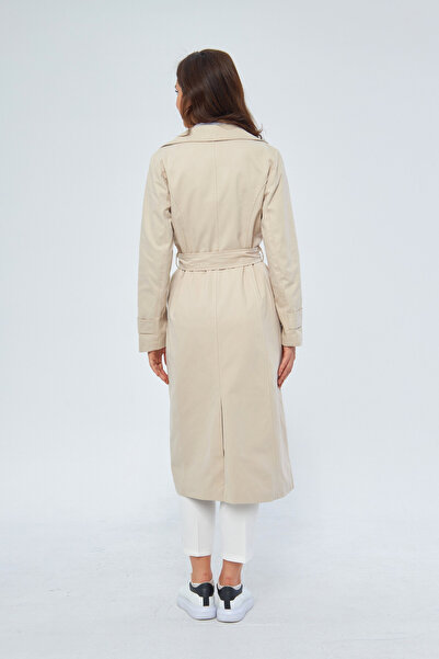 PASTELASTORE Taş Rengi %100 Pamuk Ekstra Uzun (120CM) Kruvaze Kadın Trençkot 1121