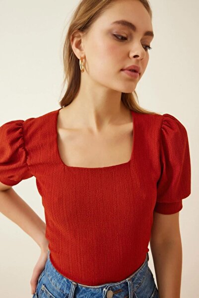 TENA Women's Red Balloon Sleeve Square Wrap Fabric Blouse