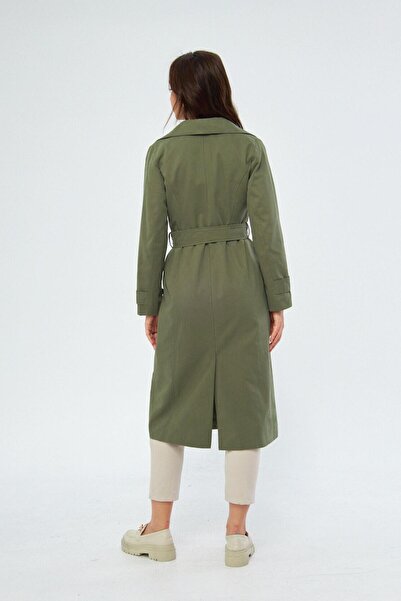 PASTELASTORE Haki %100 Pamuk Ekstra Uzun (120CM) Kruvaze Kadın Trençkot 1121