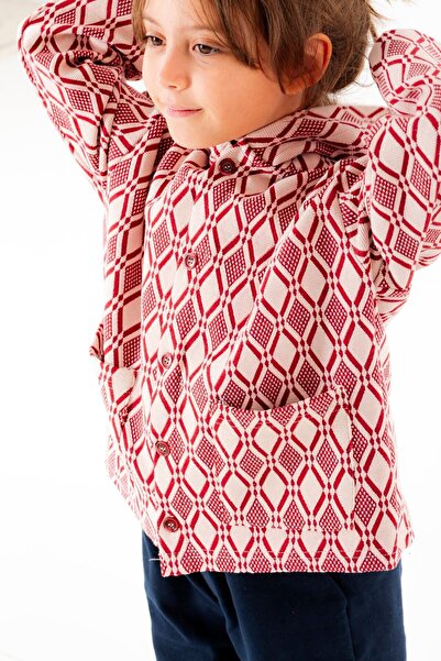 PLANT Mini Kids – Ethnic Hooded Red/White Color, 100% Cotton Knitwear, Kids Jacket with Buttons