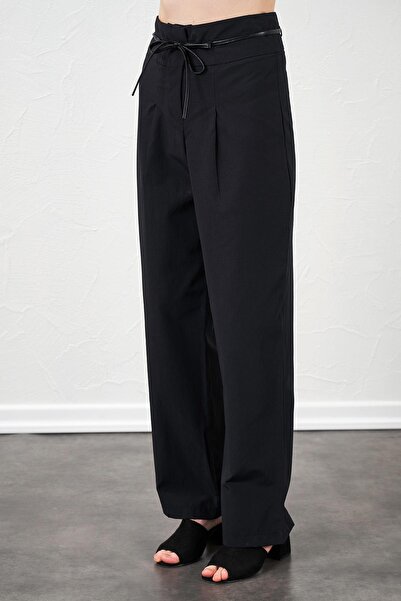 TENA Women's Black High Waist Leather Belt Poplin Trousers