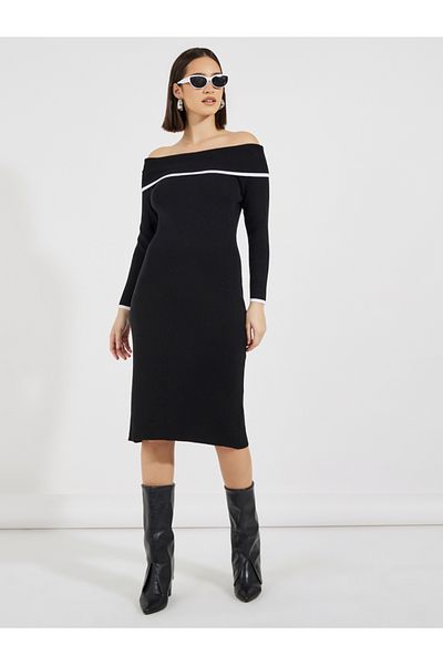 Styli Contrast Trim Off Shoulder Sweater Dress