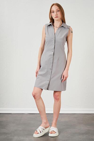 TENA Women's Gray Shirt Collar Buttoned Front Sleeveless Poplin Dress