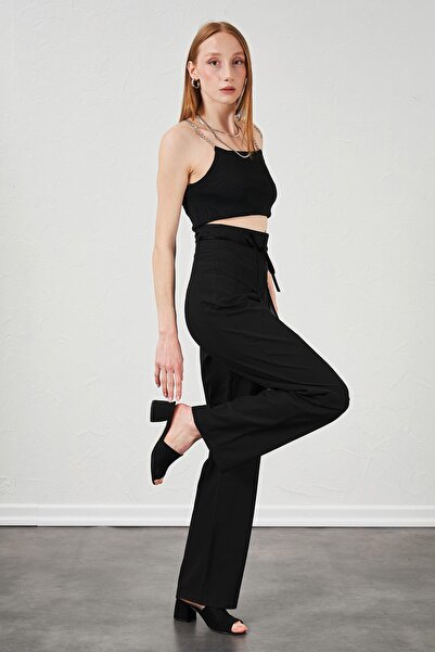 TENA Women's Black High Waist Leather Belt Poplin Trousers