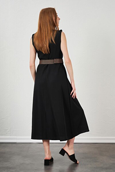 TENA Women's Black Collar Ruffled Buttoned Front Sleeveless Poplin Fabric Long Dress