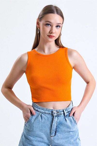 TENA Women's Orange Crew Neck Sleeveless Camisole Tank Top