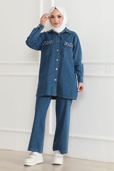 Modamihram Buttoned Jeans Suit with Stone Detail Open Jeans 19285
