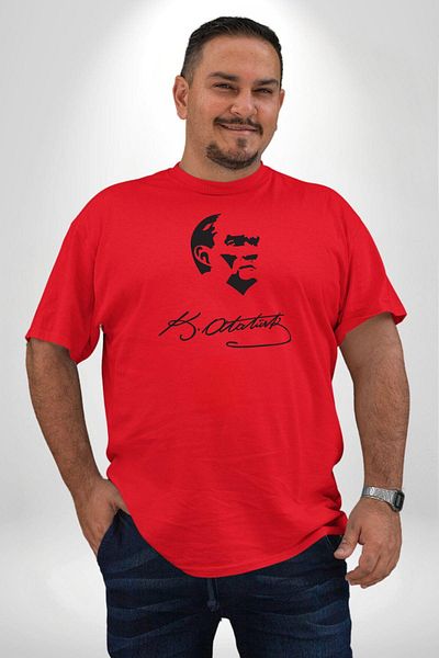 Angemiel Red Large Size Unisex Basic T-Shirt - Kemal Atatürk Signature and Silhouette Front Printed