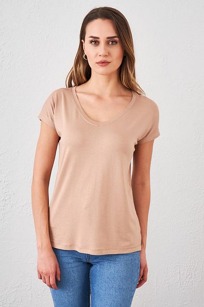 TENA MODA Women's Biscuit V-Neck Wide Casual T-Shirt