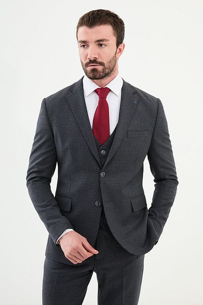 Mcr Check Slim Fit Mono Collar Men's Suit Navy Blue - 45364.24K