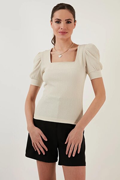 TENA Women's Stone Balloon Sleeve Square Wrap Fabric Blouse