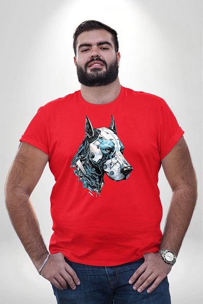 Angemiel تي شيرت Robot Cyborg Dog Doberman - أحمر، مقاس كبير، للرجال والنساء للجنسين