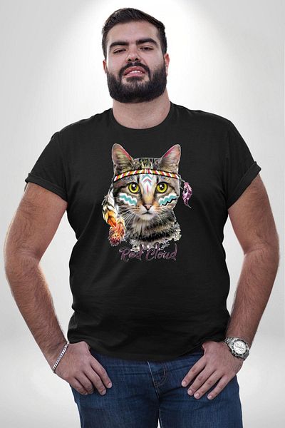 Angemiel تي شيرت أسود كبير الحجم للجنسين من Red Cloud Cat Indian Basic - مطبوع من الأمام