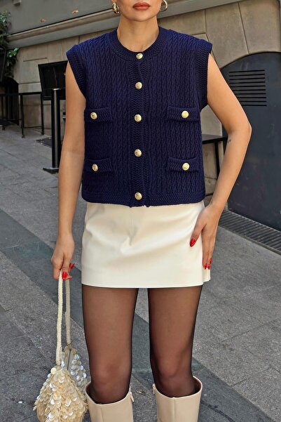 Swist Γυναικείο πλεκτό γιλέκο Navy Blue Lazy με χρυσά κουμπιά
