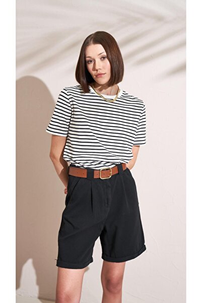 TENA Kadın Siyah Yüksel Bel Beli Kemerli Gabardin Şort