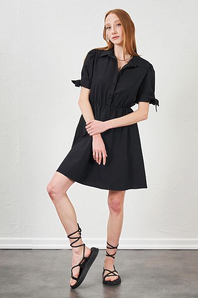 TENA Rochie de damă neagră din popelin cu mâneci legate