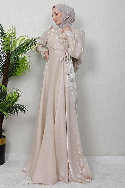 giz astore Fiyonk Detay İpek Abiye Bej