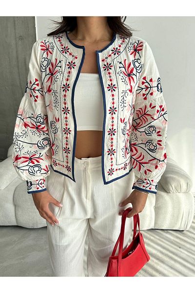 Dilek Aydın Atelier White 100% Cotton-Linen Embroidered Jacket