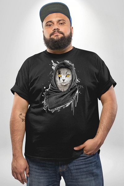 Angemiel تي شيرت أسود للجنسين من Safari Cat Shawl مقاس كبير - مطبوع من الأمام