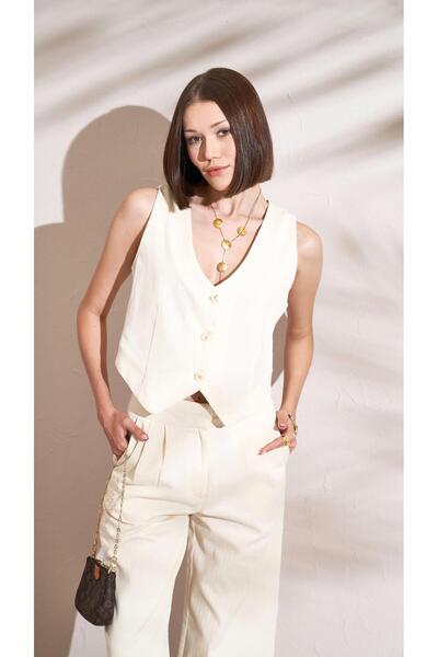 TENA Natural Herringbone Patterned Gabardine Women's Vest - Front Button