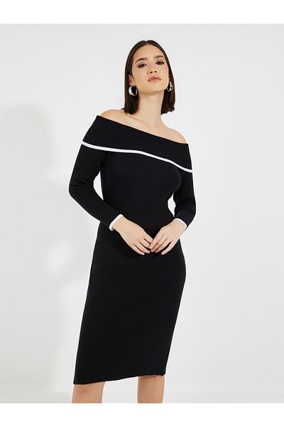 Styli Contrast Trim Off Shoulder Sweater Dress