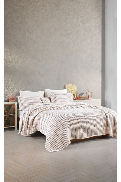destinyhometex Light and Ultra Soft Striped Muslin Quilt - Fringeless 260X280/2 Pcs 50X70 cm Pillowcase Set