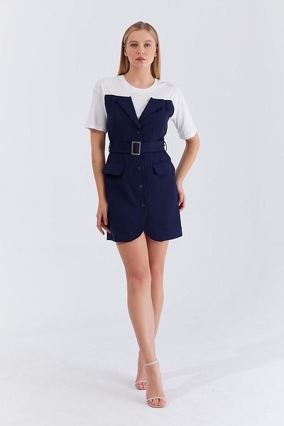 TENA Rochie de damă, albastru bleumarin, cu brâu, cu detaliu în talie și tricou