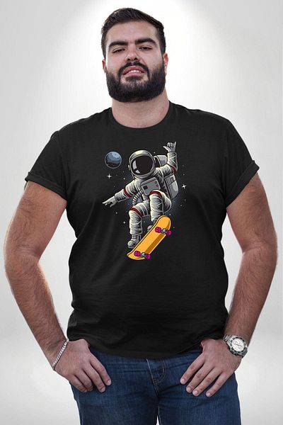Angemiel تي شيرت Atronot Space Mars أسود مقاس كبير - للرجال والنساء للجنسين، موديل أساسي مطبوع من الأمام