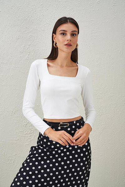 TENA Women's Ecru Square Collar Scuba Fabric Crop Blouse