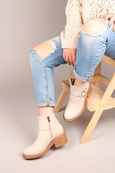 Birikon ANETA Fermuarlı Kısa Kadın Bot KREM