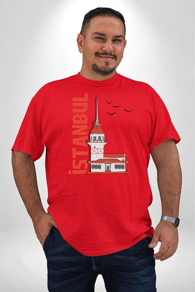 Angemiel تي شيرت Red Istanbul Maiden's Tower مقاس كبير للجنسين - موديل أساسي مطبوع من الأمام