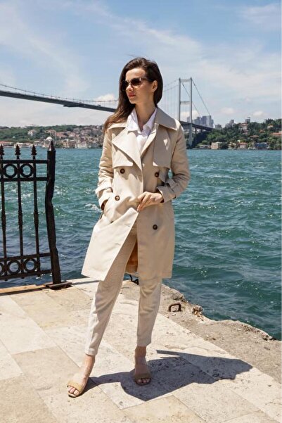 PASTELASTORE Taş Rengi %100 Pamuk Gabardin Midi (95CM) Astarlı Kemerli Kadın Trençkot 1113