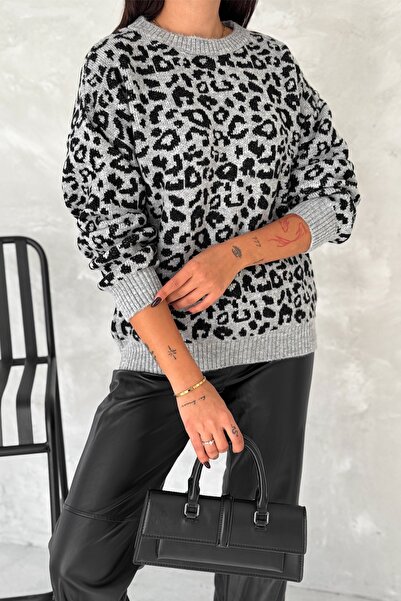FEMELLE Women's Gray Standard Size Leopard Pattern Oversize Knitwear Sweater