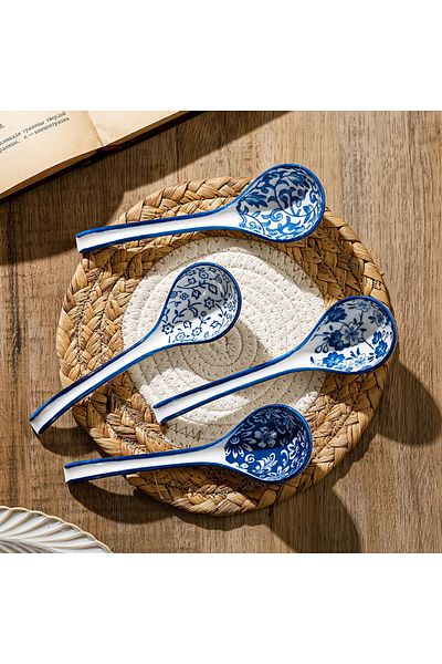 Choice 4PCS Blue 4PCS Ceramic Soup Spoons Household Tableware Set Retro Chinese Style Style Blue and White