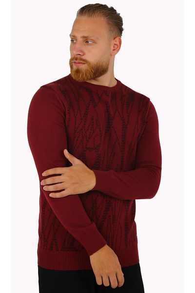 DAKSEL Brg Claret Red Color Patterned Men's Slim Fit Knitwear-Sweater