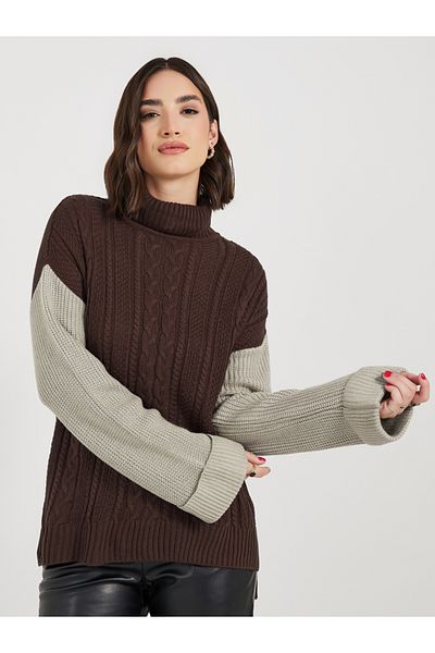 Styli Oversized Cable Knit Colorblock Jumper with Tuck Knit Sleeve