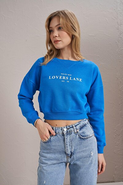 TENA Γυναικείο φούτερ με μπλε λαιμόκοψη Lovers Lane με στάμπα με τρεις κλωστές