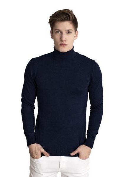 TENA MODA Мъжки тъмносин меланжиран трикотажен пуловер с висока яка