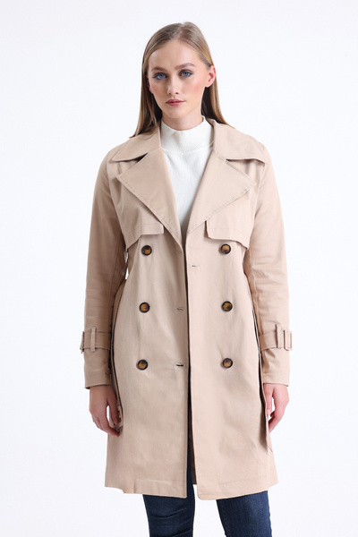 PASTELASTORE Bej Esnek Pamuk Gabardin Midi (95CM) Astarsız Kadın Trençkot 1118