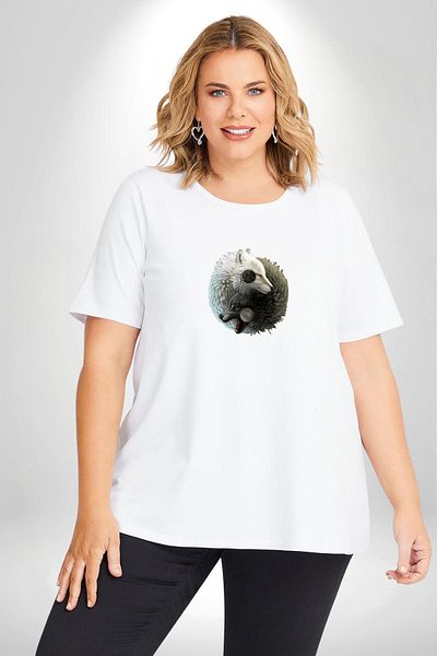 Angemiel تي شيرت Yin-Yang White Wolf مقاس كبير - للرجال والنساء للجنسين، نموذج أساسي مطبوع مسبقًا