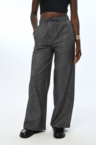 Orfeo Negro PANTALONI DE FEMEIE CU TALIE ELASTICĂ, CU BORURI LARGI, BRODAȚI CU PAUL