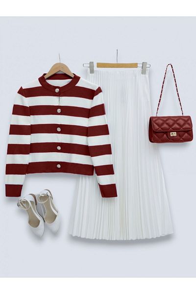 Modamorfo Ringed Metal Buttoned Short Cardigan - Burgundy