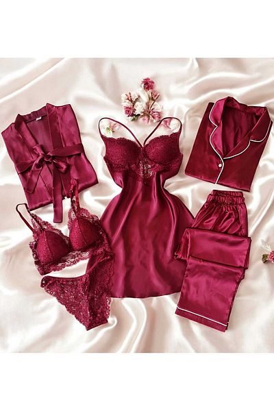 cdh çeyize dair herşey Set cămașă de noapte din satin roșu Bonita, 6 piese, rochie de zestre 6767